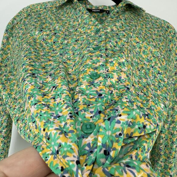 Nuon Tie waist crop Blouse size Small Green Ditzy Flowers Long Sleeve Button up - Picture 3 of 13
